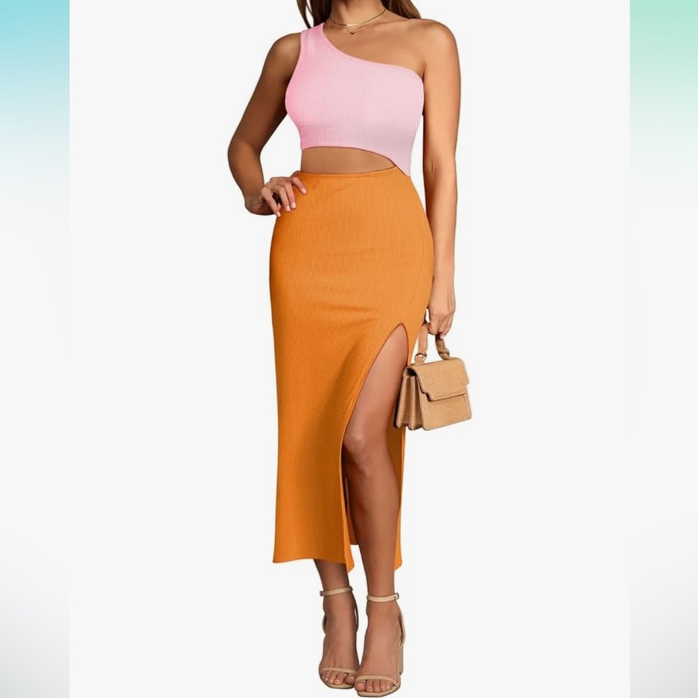 Pink One-Shoulder Top and Orange Maxi Skirt Set
